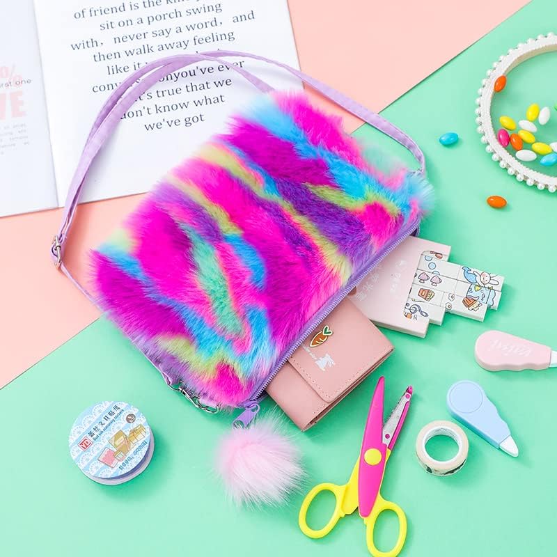 Newfancy Women Girls Kids Fluffy Fuzzy Bag Plush Tie Dye Rainbow Crossbody Purse Wallet - Image 2